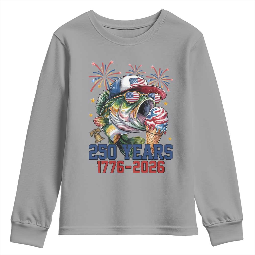 America 250th Fishing Youth Sweatshirt Patriotic Bass Fish American Flag TS14 Sport Gray Print Your Wear