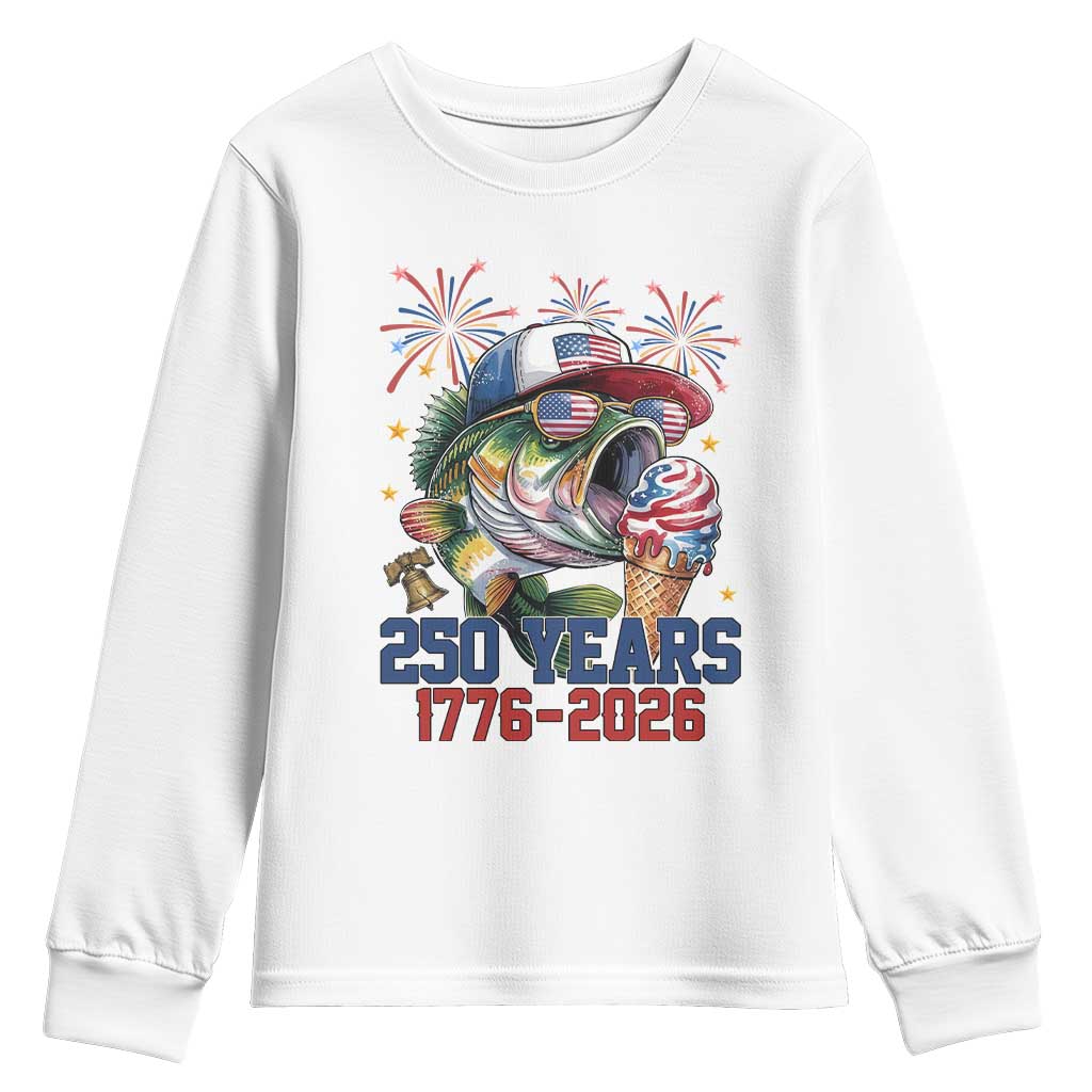 America 250th Fishing Youth Sweatshirt Patriotic Bass Fish American Flag TS14 White Print Your Wear