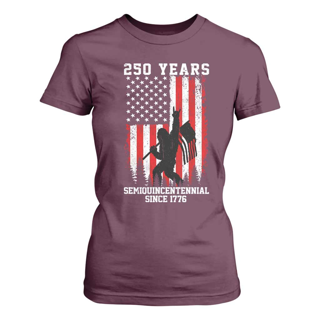 250th Anniversary USA T Shirt For Women Bigfoot Patriotic American USA Flag TS14 Maroon Print Your Wear