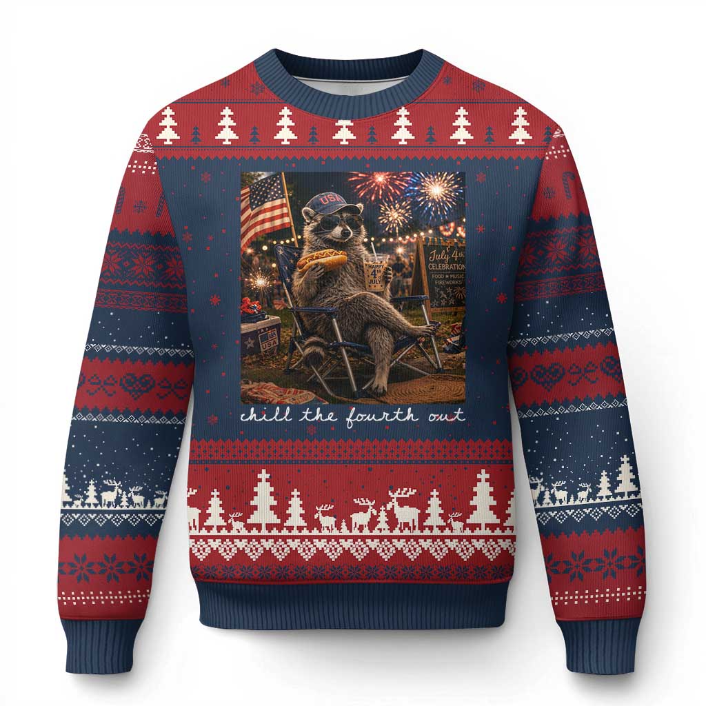 Funny Raccoon 4th of July Ugly Christmas Sweater Chill The Fourth Out TS14 Navy Red Print Your Wear