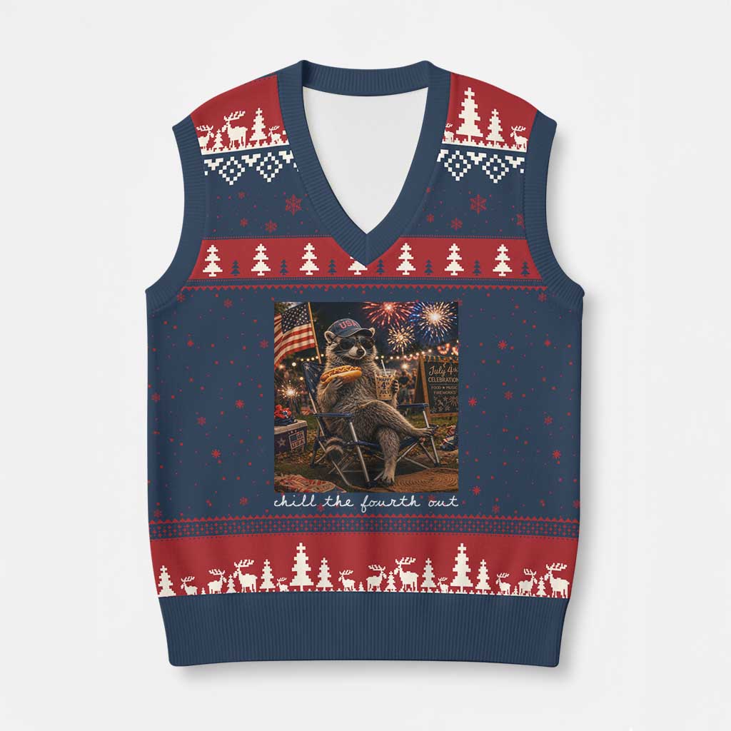 Funny Raccoon 4th of July V-Neck Knit Sweater Vest Chill The Fourth Out TS14 Navy Red Print Your Wear