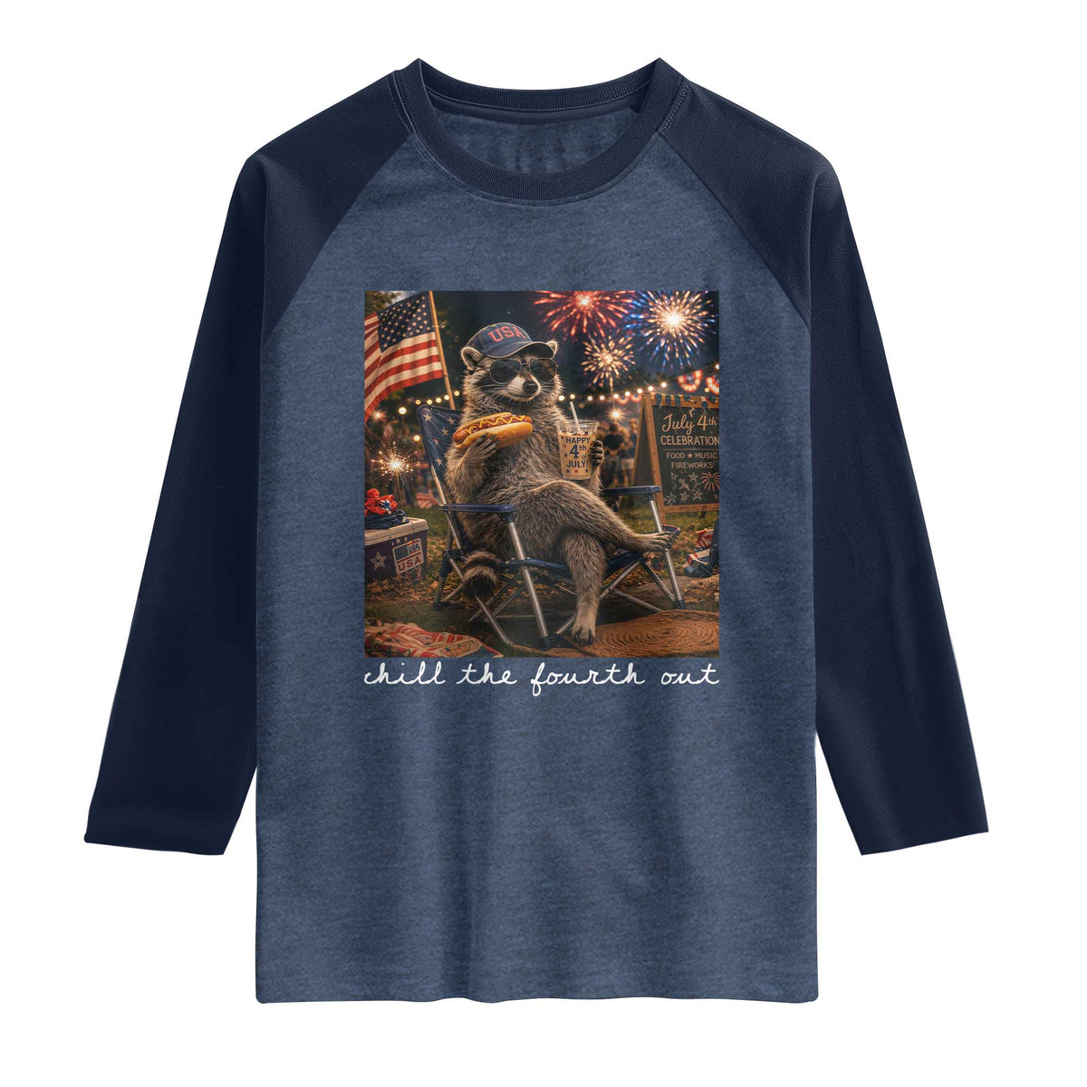 Funny Raccoon 4th of July Raglan Shirt Chill The Fourth Out TS14 Heather Denim Navy Print Your Wear