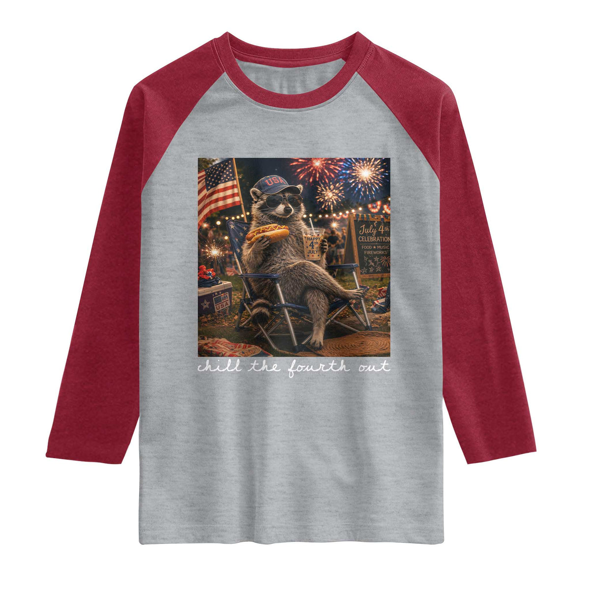 Funny Raccoon 4th of July Raglan Shirt Chill The Fourth Out TS14 Heather Gray Heather Red Print Your Wear