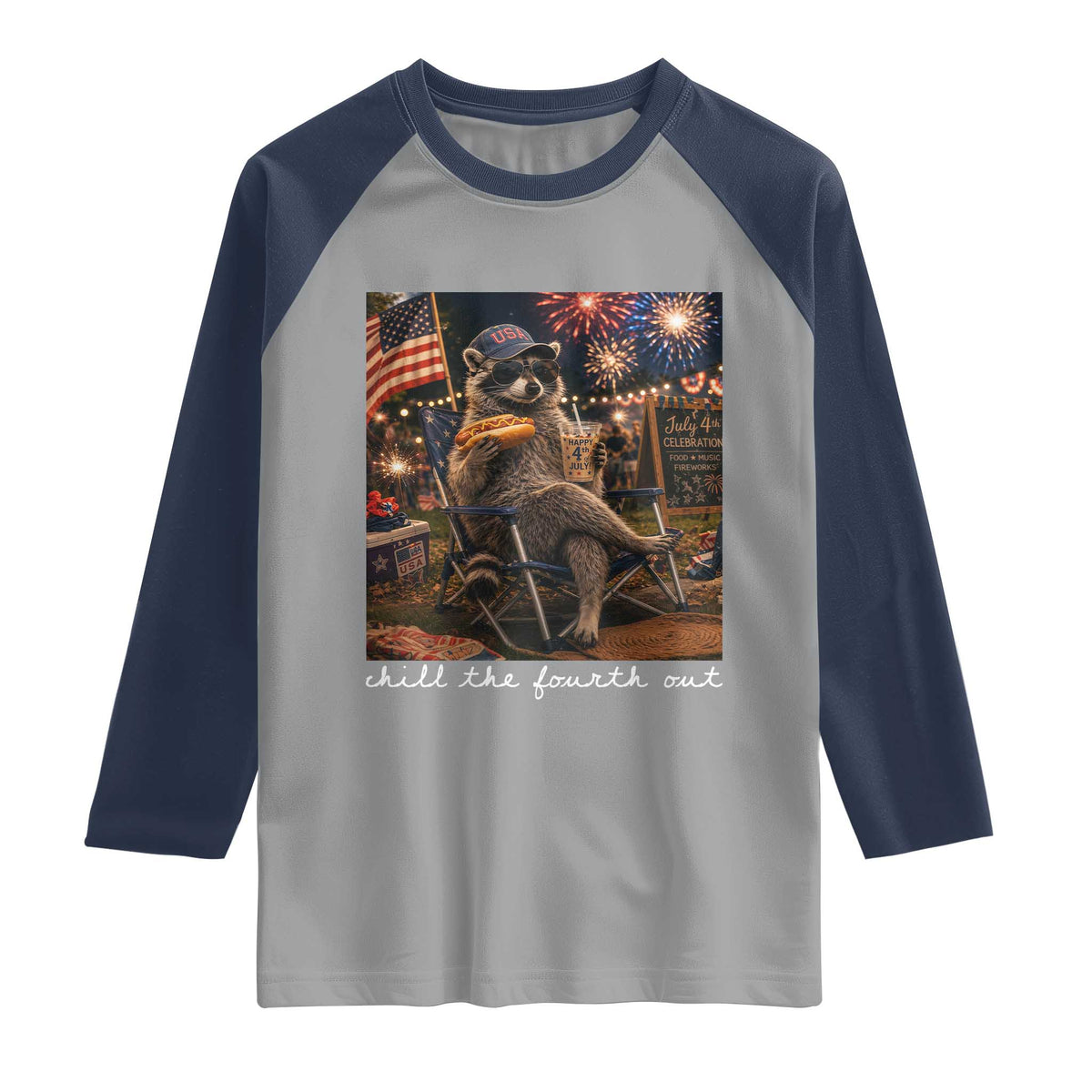 Funny Raccoon 4th of July Raglan Shirt Chill The Fourth Out TS14 Sport Gray Navy Print Your Wear