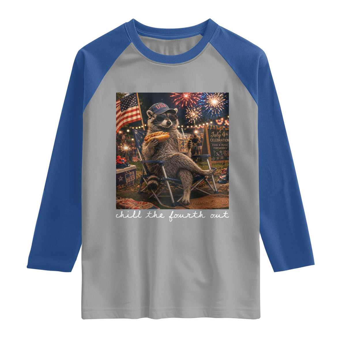 Funny Raccoon 4th of July Raglan Shirt Chill The Fourth Out TS14 Sport Gray Royal Print Your Wear