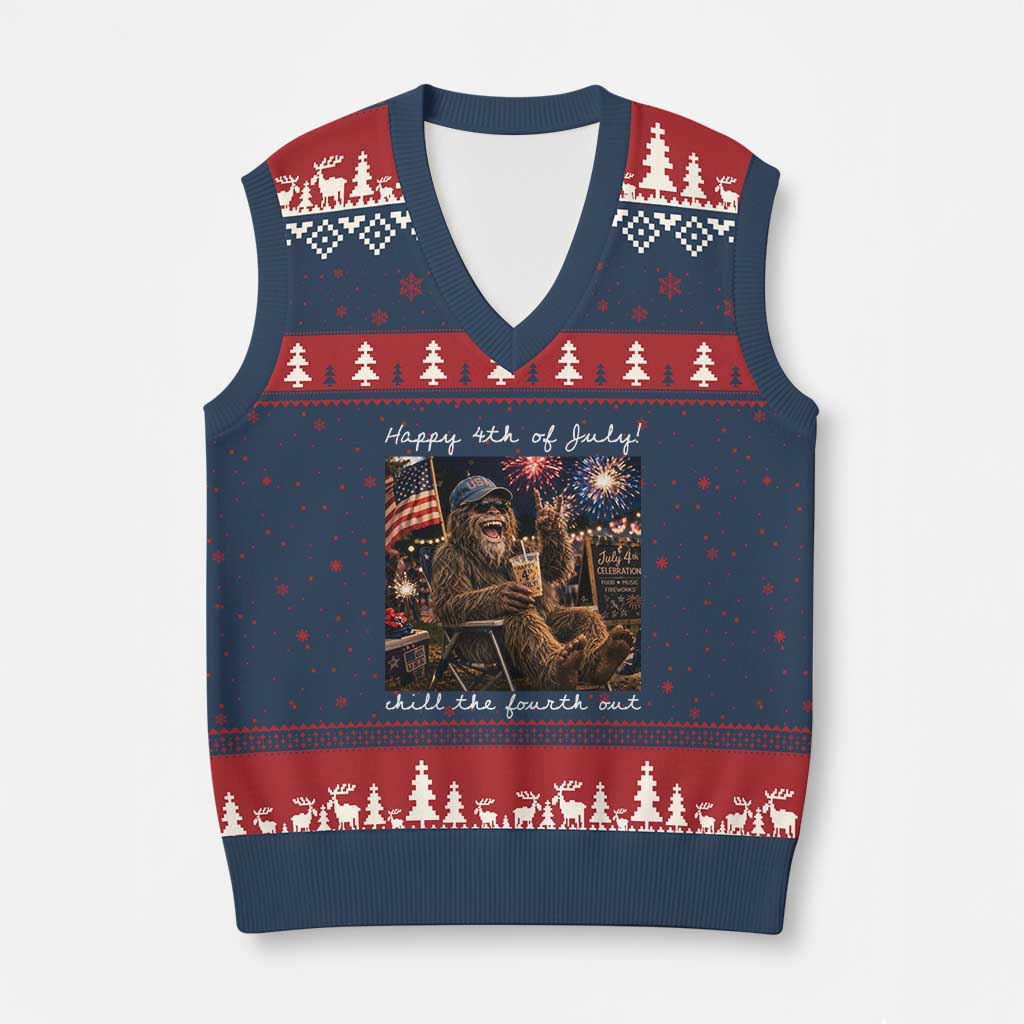 4th of July Bigfoot V-Neck Knit Sweater Vest Patriotic Sasquatch American Flag Party Festival TS14 Navy Red Print Your Wear