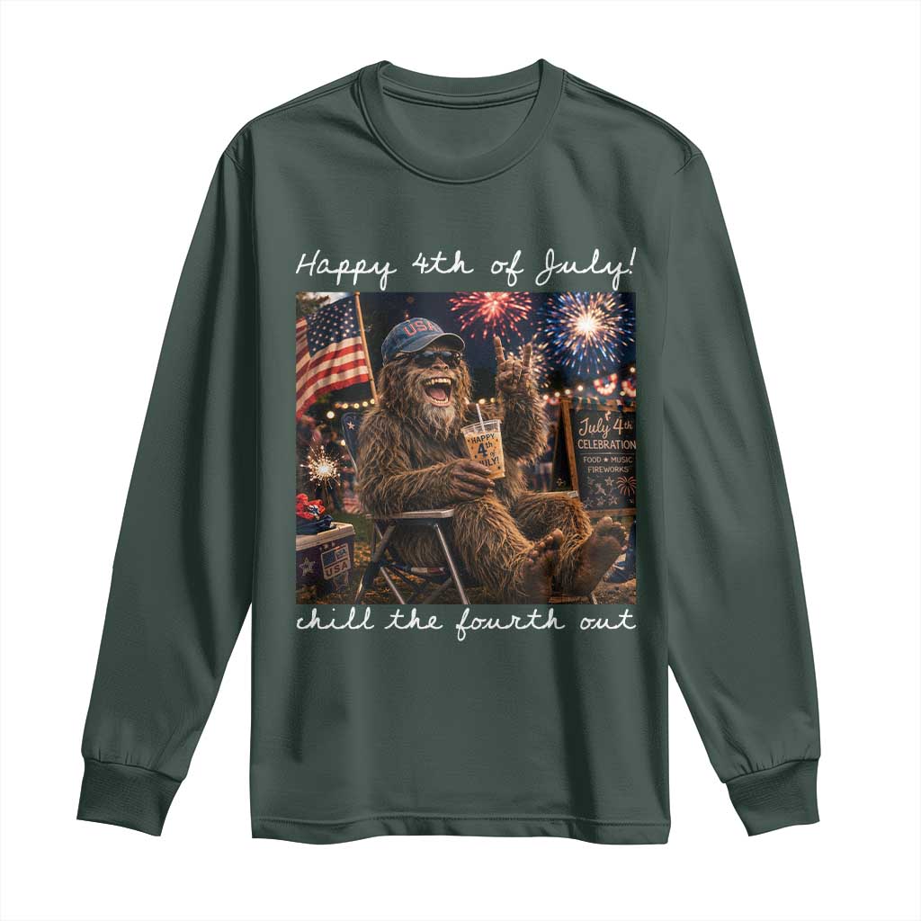 4th of July Bigfoot Long Sleeve Shirt Patriotic Sasquatch American Flag Party Festival TS14 Dark Forest Green Print Your Wear