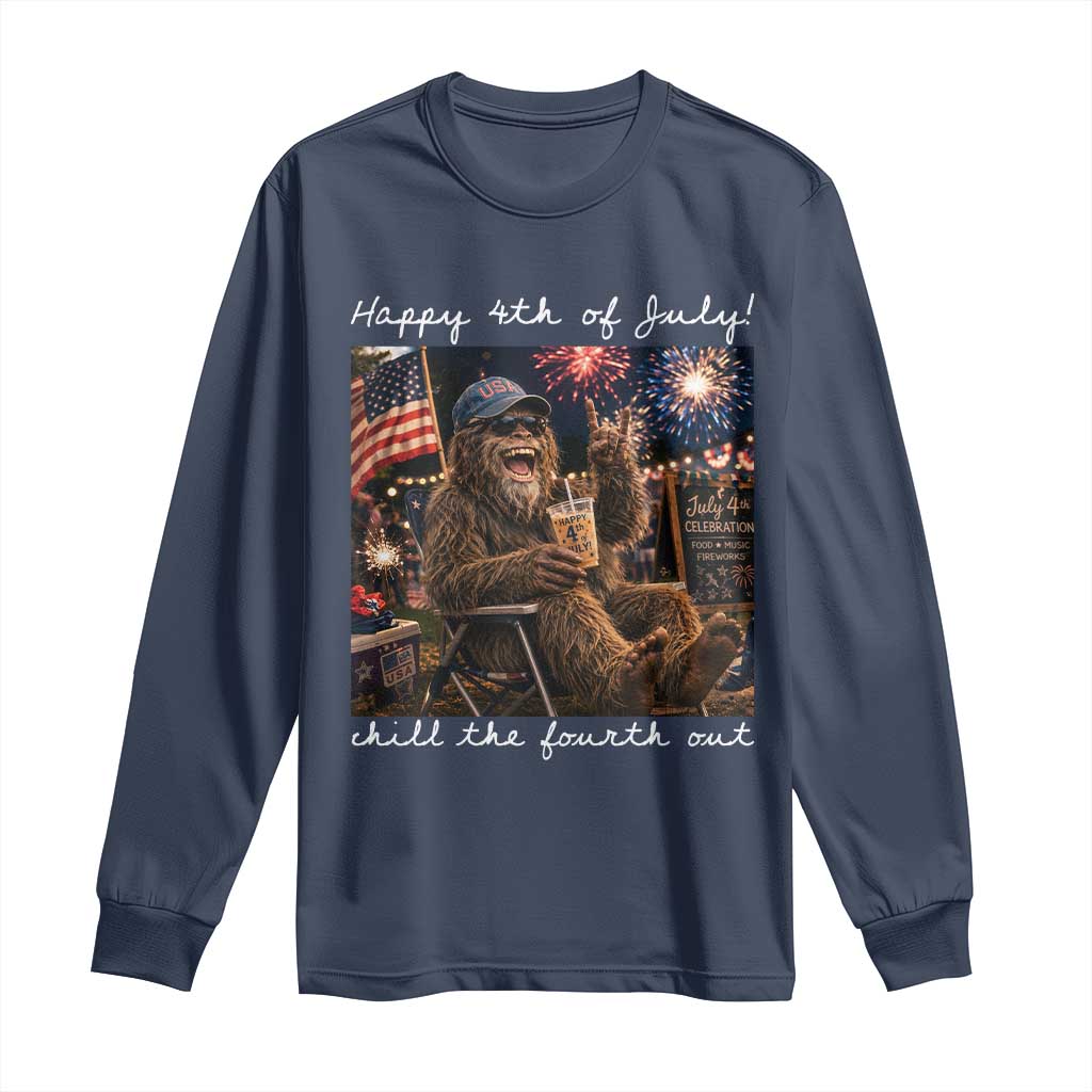 4th of July Bigfoot Long Sleeve Shirt Patriotic Sasquatch American Flag Party Festival TS14 Navy Print Your Wear
