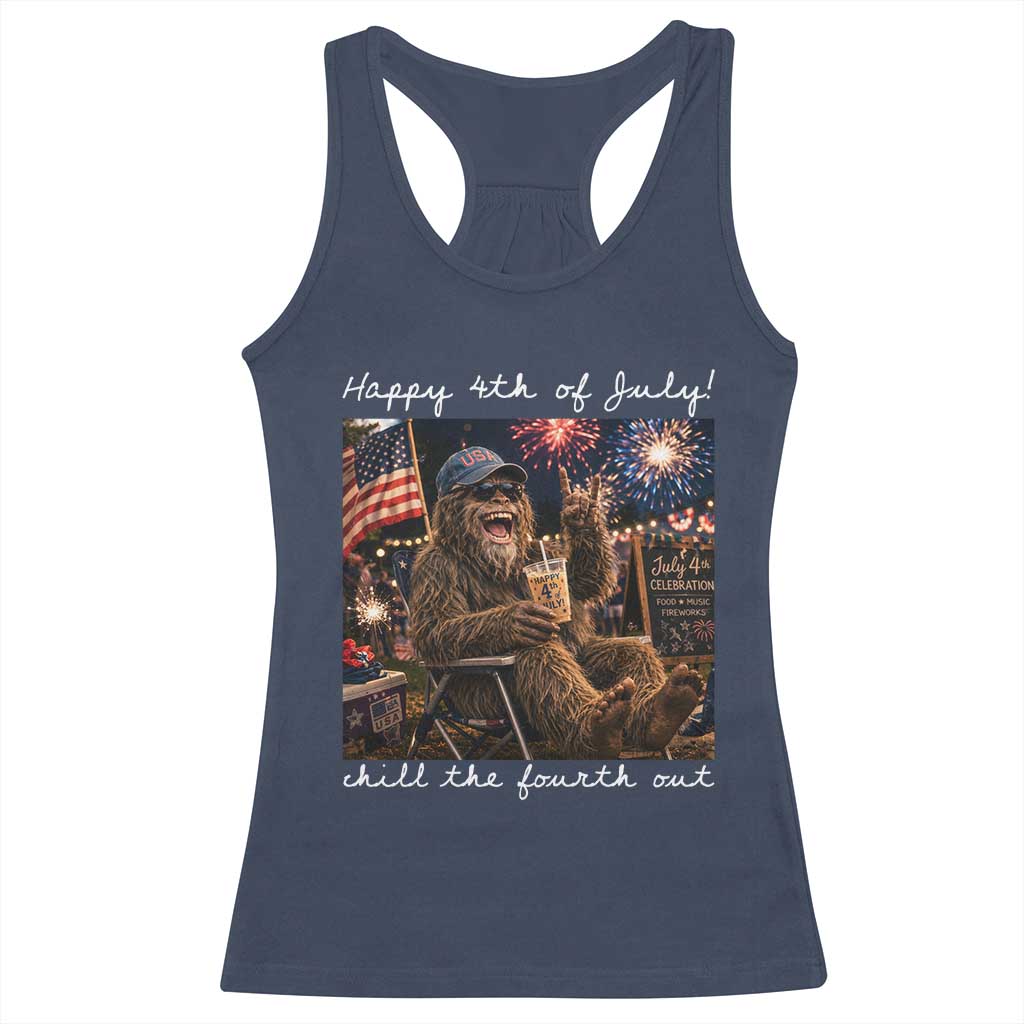 4th of July Bigfoot Racerback Tank Top Patriotic Sasquatch American Flag Party Festival TS14 Navy Print Your Wear