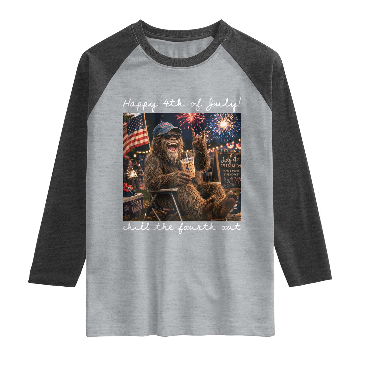 4th of July Bigfoot Raglan Shirt Patriotic Sasquatch American Flag Party Festival TS14 Heather Gray Heather Charcoal Print Your Wear
