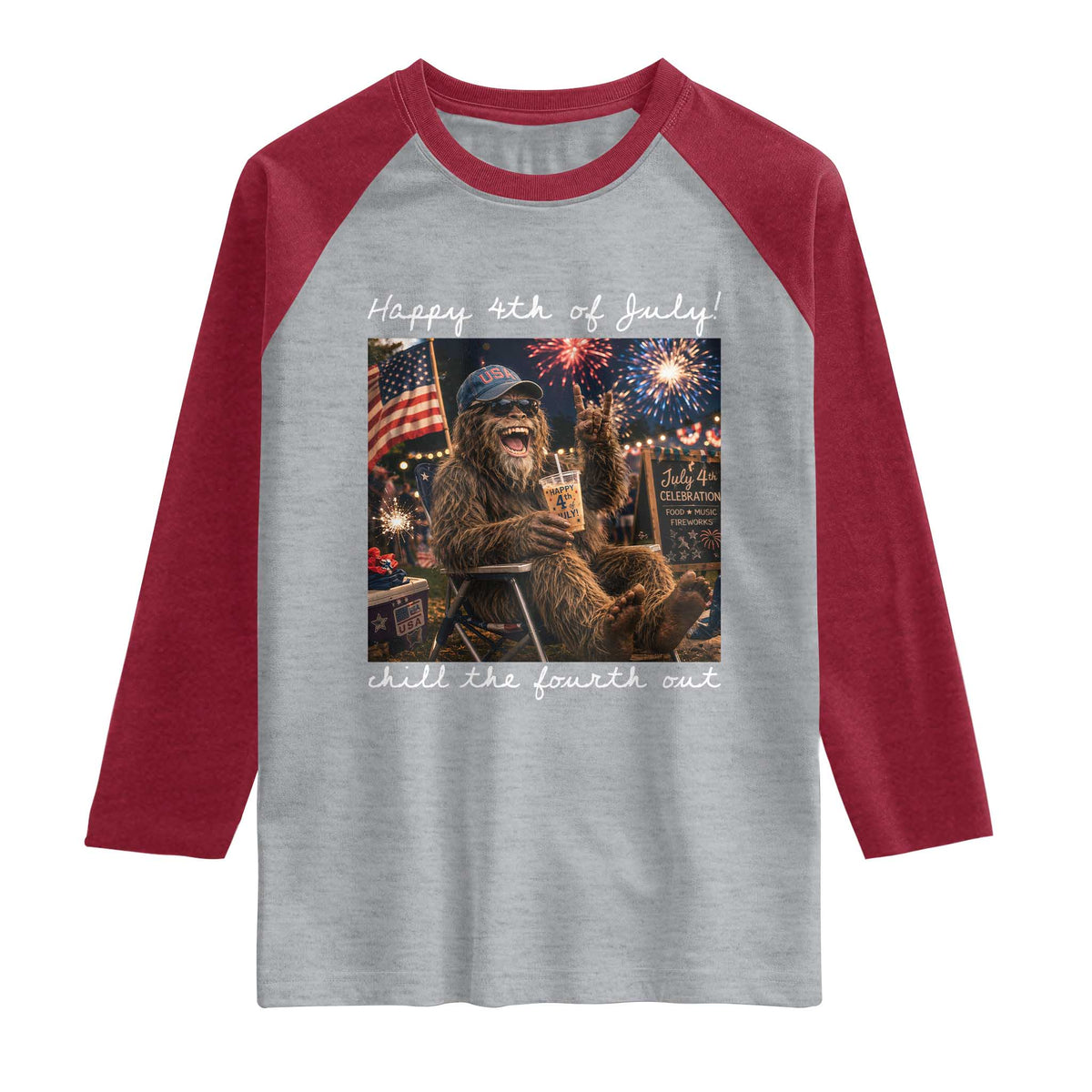 4th of July Bigfoot Raglan Shirt Patriotic Sasquatch American Flag Party Festival TS14 Heather Gray Heather Red Print Your Wear