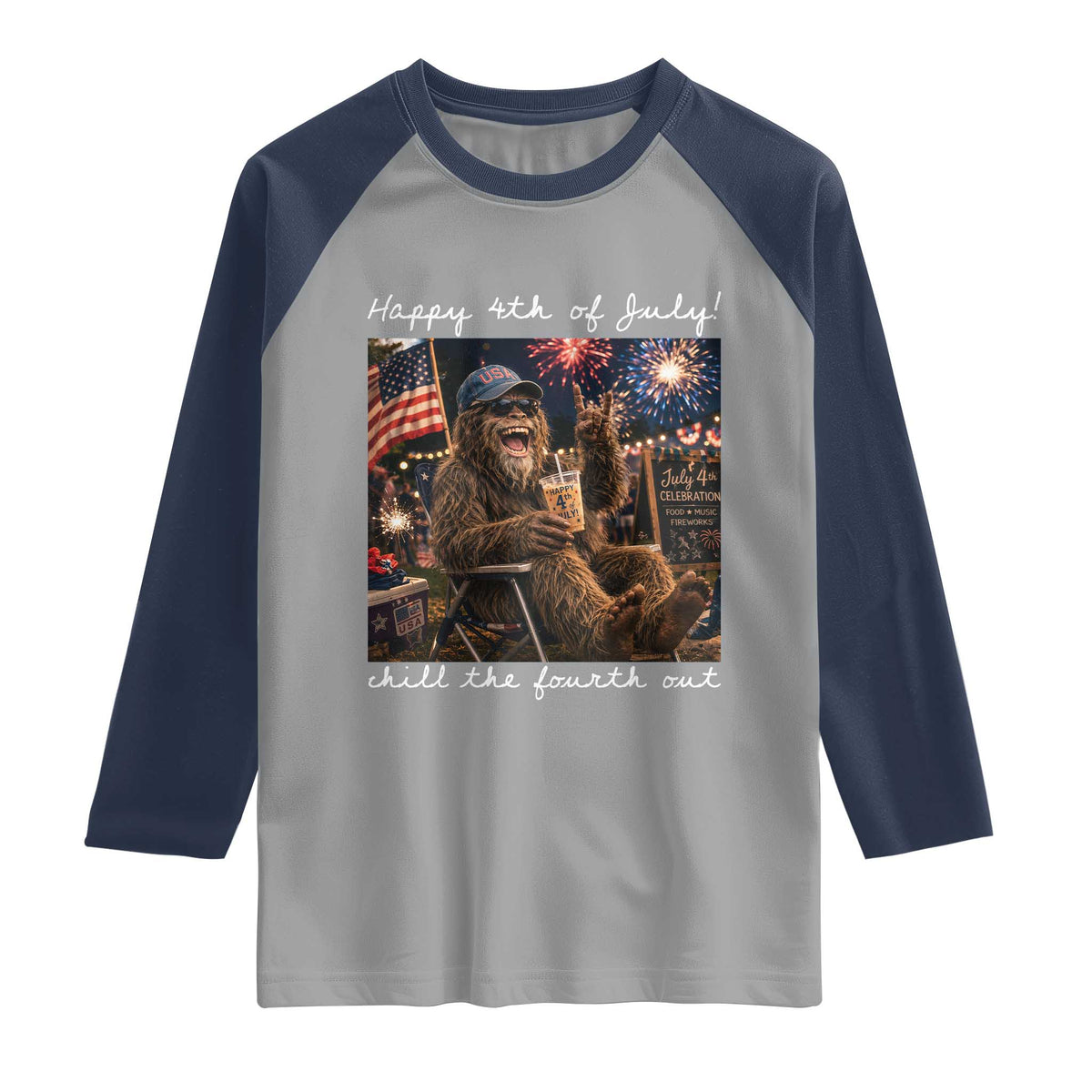 4th of July Bigfoot Raglan Shirt Patriotic Sasquatch American Flag Party Festival TS14 Sport Gray Navy Print Your Wear