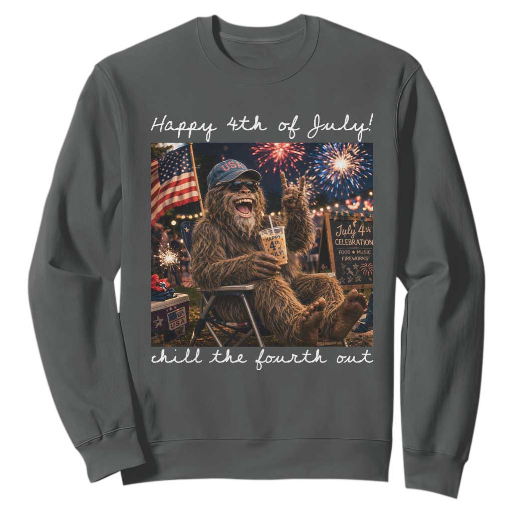 4th of July Bigfoot Sweatshirt Patriotic Sasquatch American Flag Party Festival TS14 Dark Heather Print Your Wear