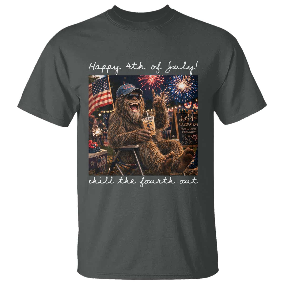 4th of July Bigfoot T Shirt Patriotic Sasquatch American Flag Party Festival TS14 Dark Heather Print Your Wear