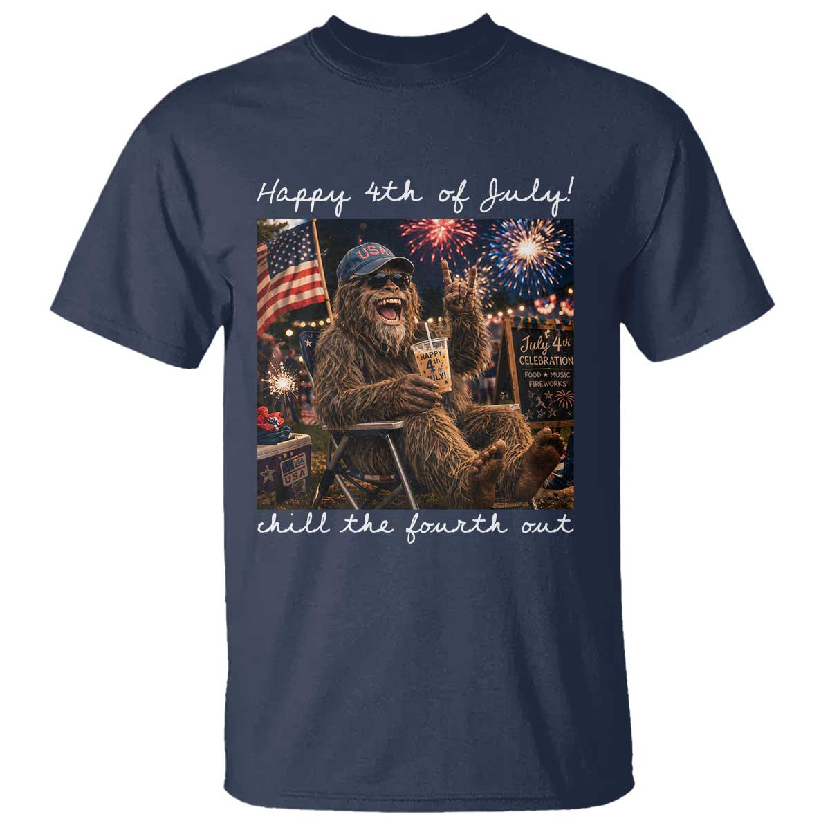 4th of July Bigfoot T Shirt Patriotic Sasquatch American Flag Party Festival TS14 Navy Print Your Wear