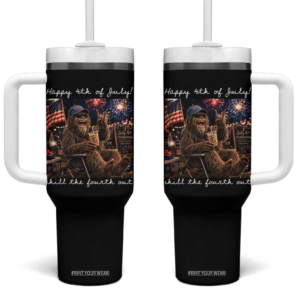 4th of July Bigfoot Tumbler With Handle Patriotic Sasquatch American Flag Party Festival TS14 One Size: 40 oz Black Print Your Wear