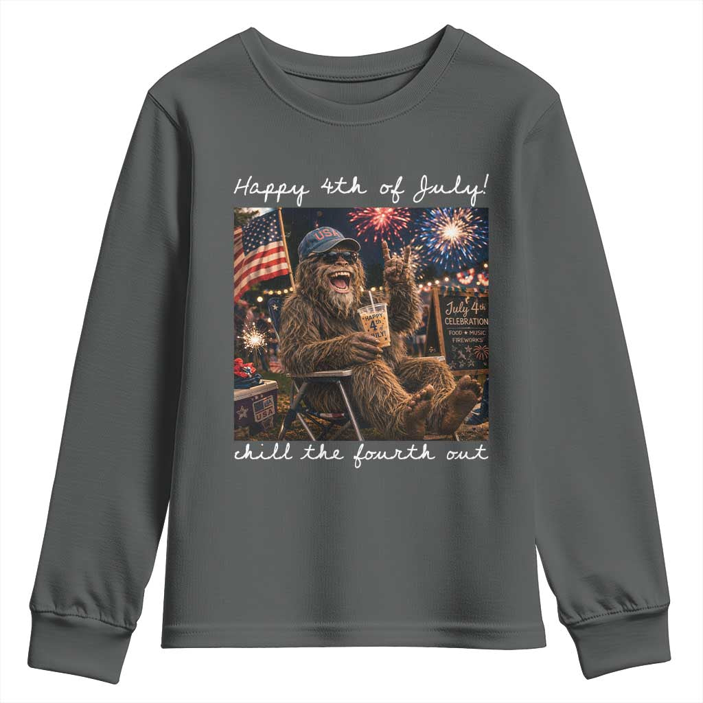 4th of July Bigfoot Youth Sweatshirt Patriotic Sasquatch American Flag Party Festival TS14 Dark Heather Print Your Wear
