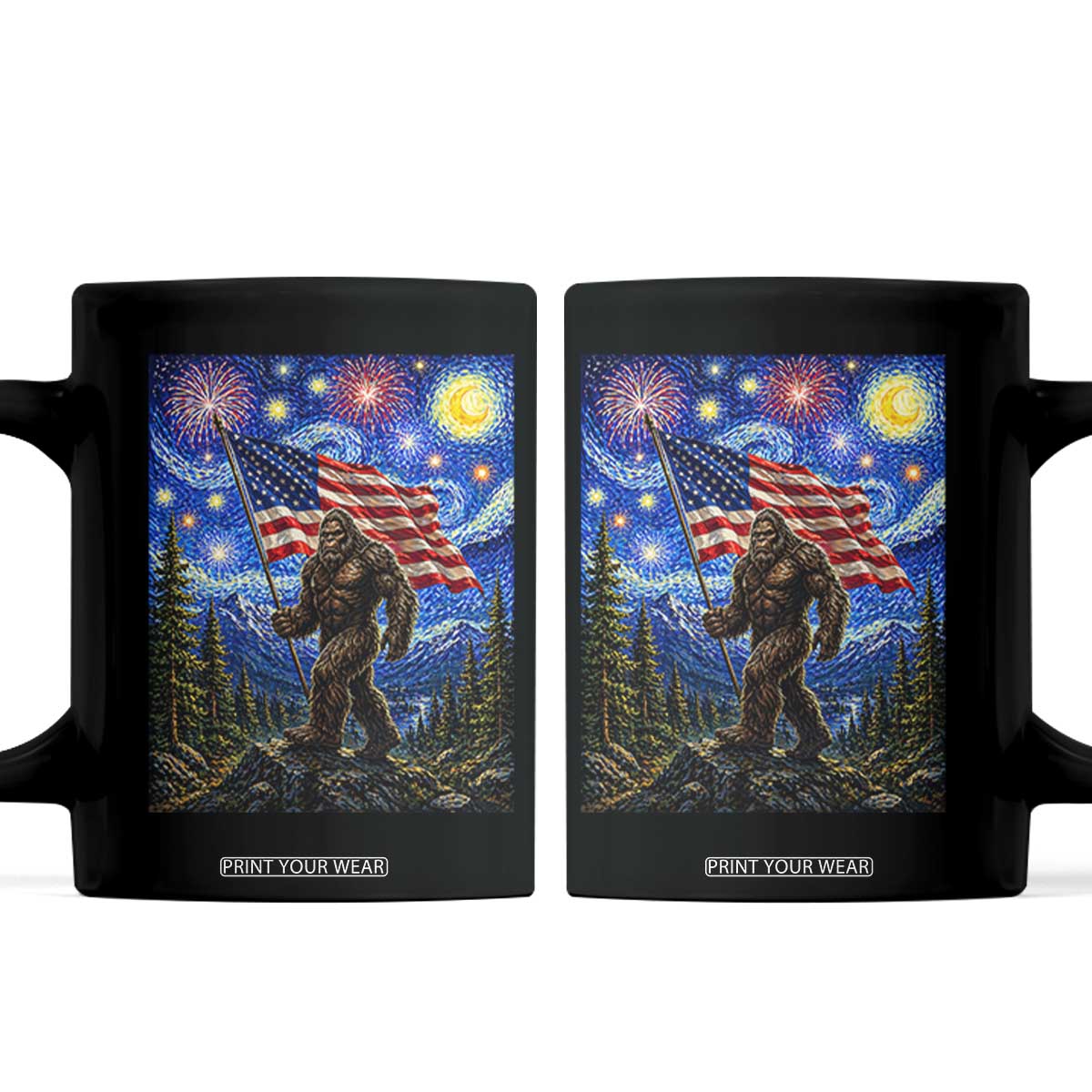 Bigfoot Patriotic 250 Years of Freedom Coffee Mug American USA Flag Stary Night TS14 Black Print Your Wear