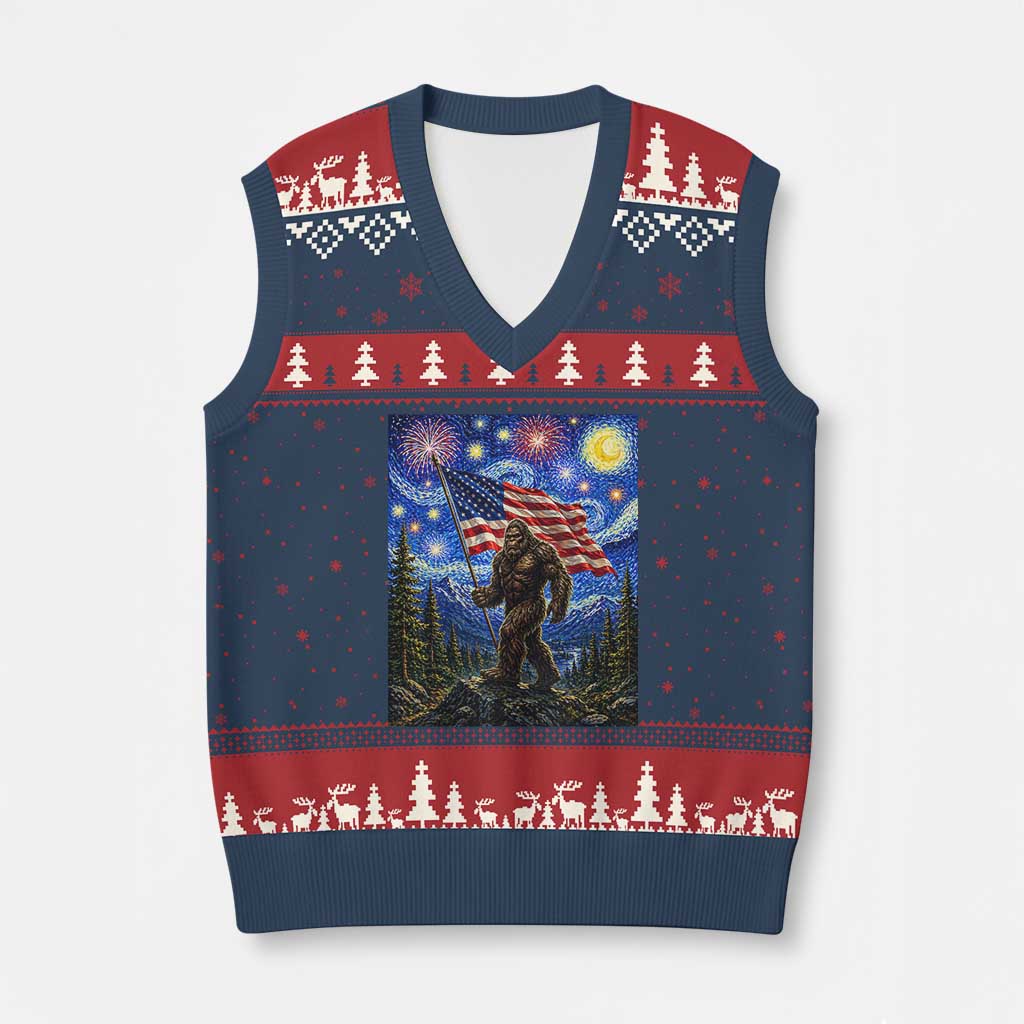 Bigfoot Patriotic 250 Years of Freedom V-Neck Knit Sweater Vest American USA Flag Stary Night TS14 Navy Red Print Your Wear