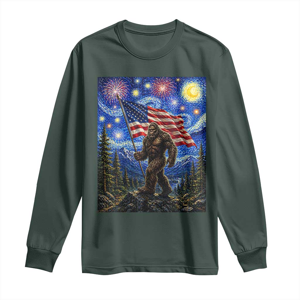 Bigfoot Patriotic 250 Years of Freedom Long Sleeve Shirt American USA Flag Stary Night TS14 Dark Forest Green Print Your Wear