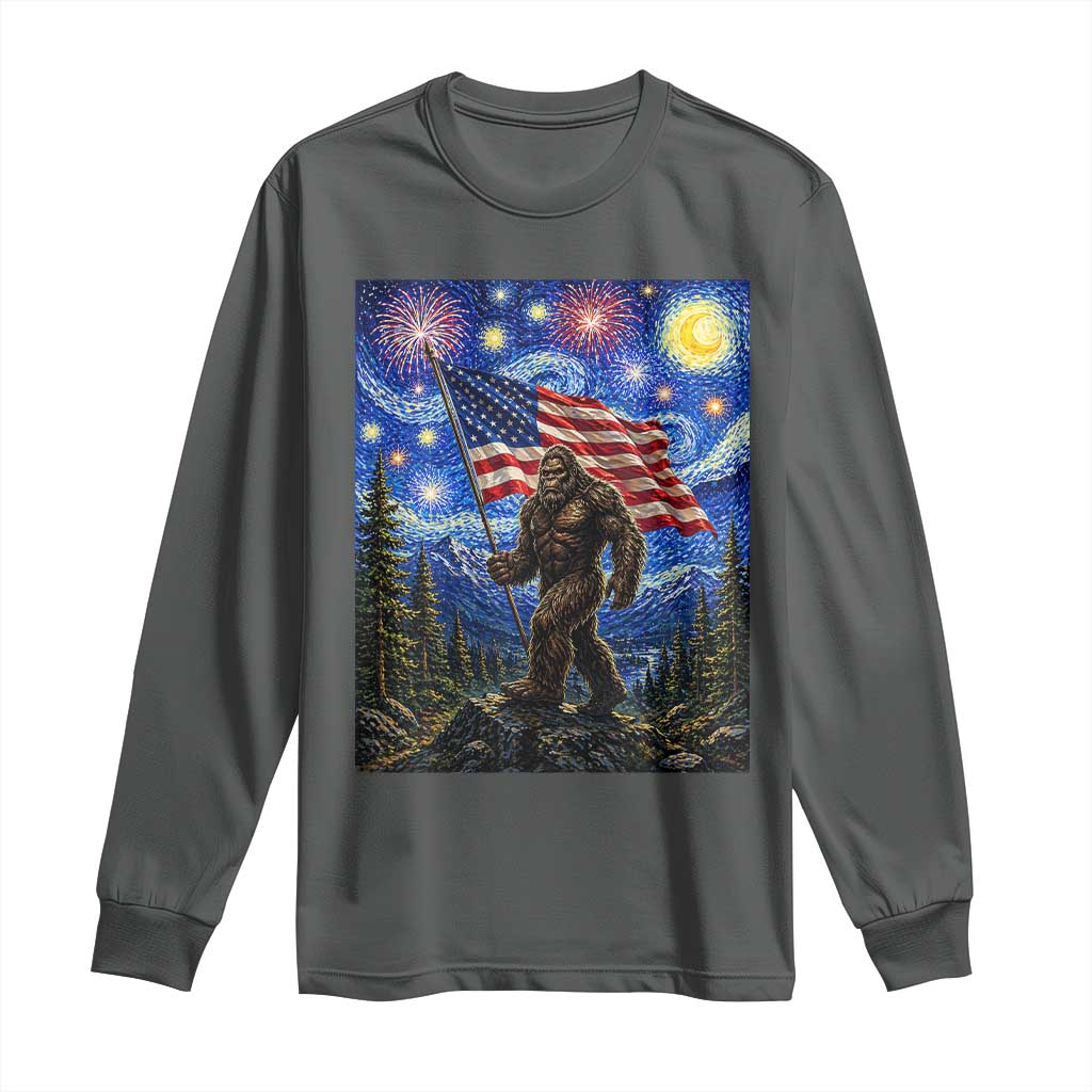 Bigfoot Patriotic 250 Years of Freedom Long Sleeve Shirt American USA Flag Stary Night TS14 Dark Heather Print Your Wear