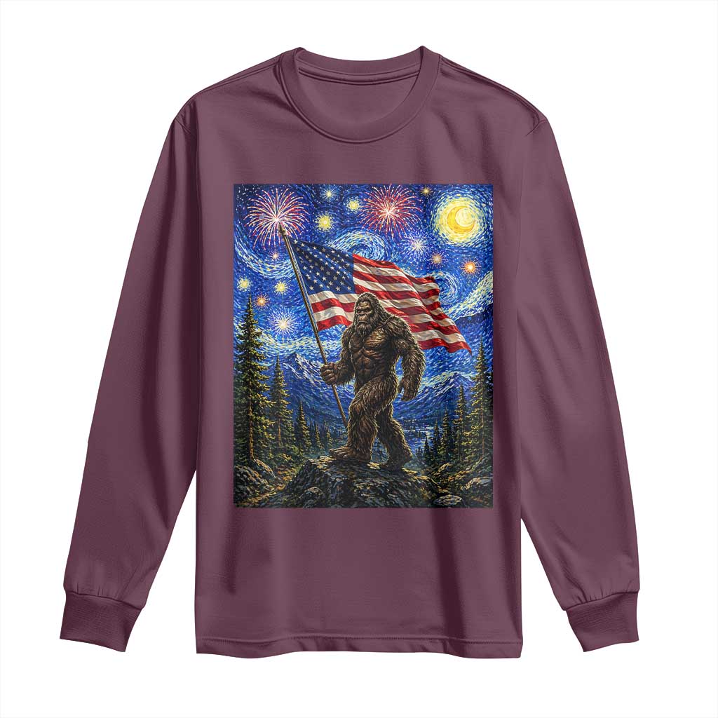 Bigfoot Patriotic 250 Years of Freedom Long Sleeve Shirt American USA Flag Stary Night TS14 Maroon Print Your Wear