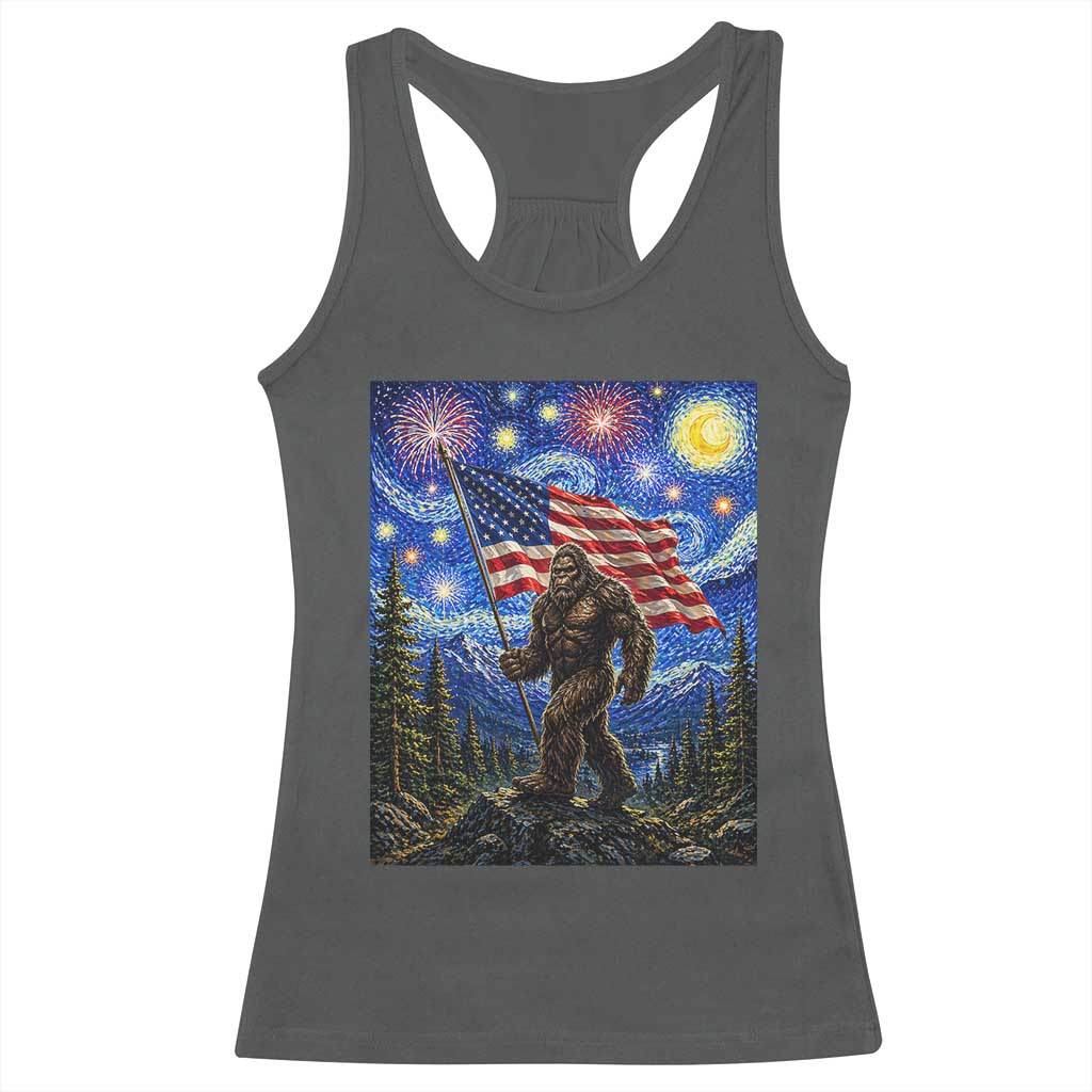 Bigfoot Patriotic 250 Years of Freedom Racerback Tank Top American USA Flag Stary Night TS14 Dark Heather Print Your Wear
