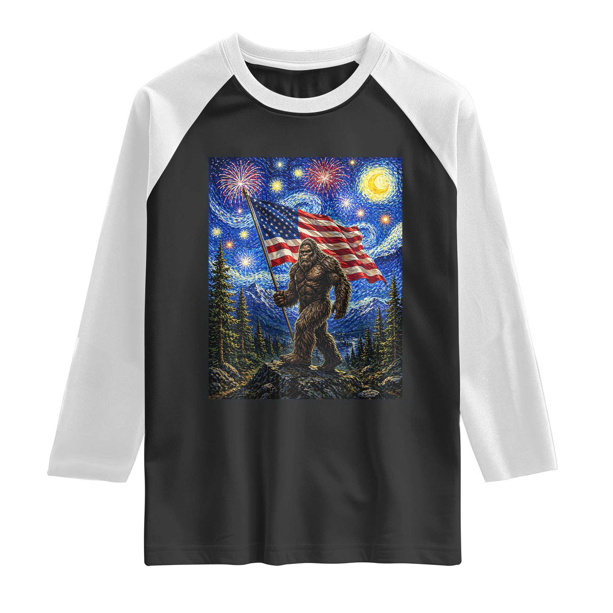 Bigfoot Patriotic 250 Years of Freedom Raglan Shirt American USA Flag Stary Night TS14 Black White Print Your Wear