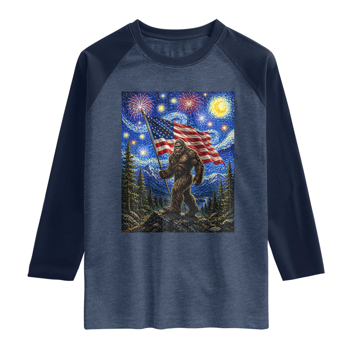 Bigfoot Patriotic 250 Years of Freedom Raglan Shirt American USA Flag Stary Night TS14 Heather Denim Navy Print Your Wear