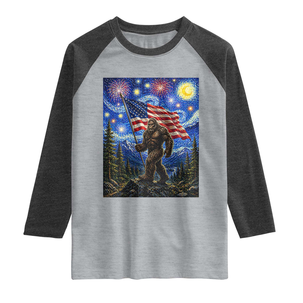Bigfoot Patriotic 250 Years of Freedom Raglan Shirt American USA Flag Stary Night TS14 Heather Gray Heather Charcoal Print Your Wear