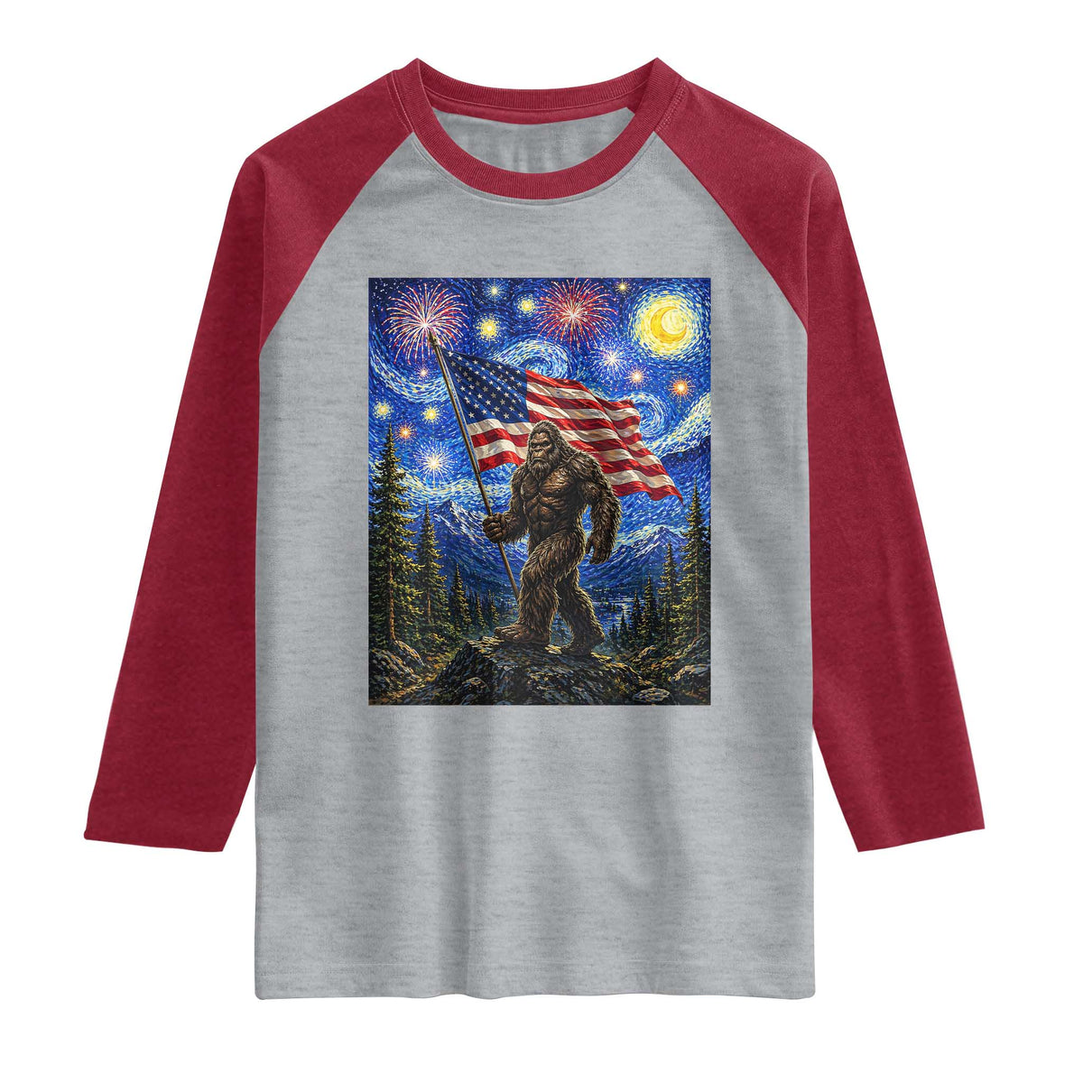Bigfoot Patriotic 250 Years of Freedom Raglan Shirt American USA Flag Stary Night TS14 Heather Gray Heather Red Print Your Wear