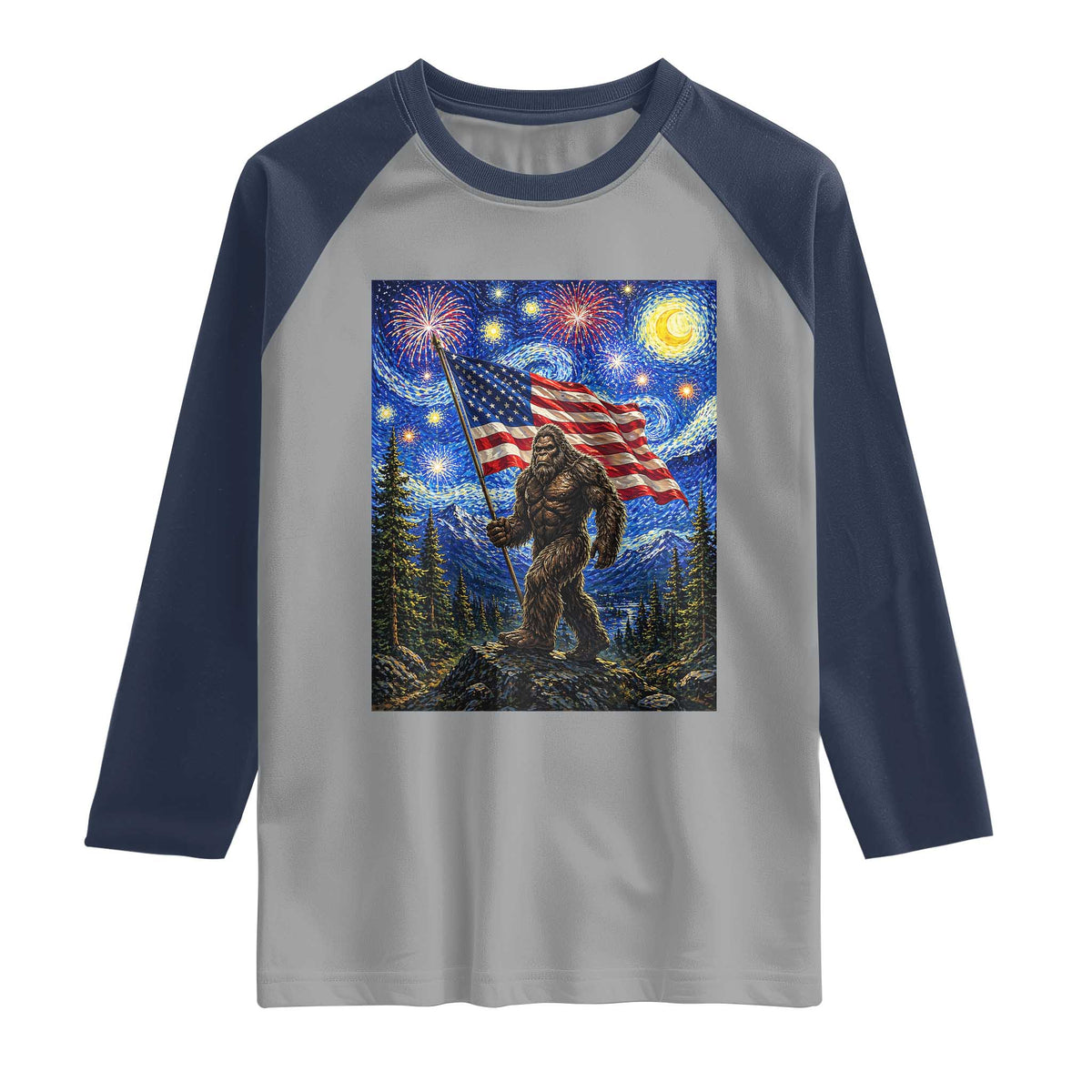 Bigfoot Patriotic 250 Years of Freedom Raglan Shirt American USA Flag Stary Night TS14 Sport Gray Navy Print Your Wear