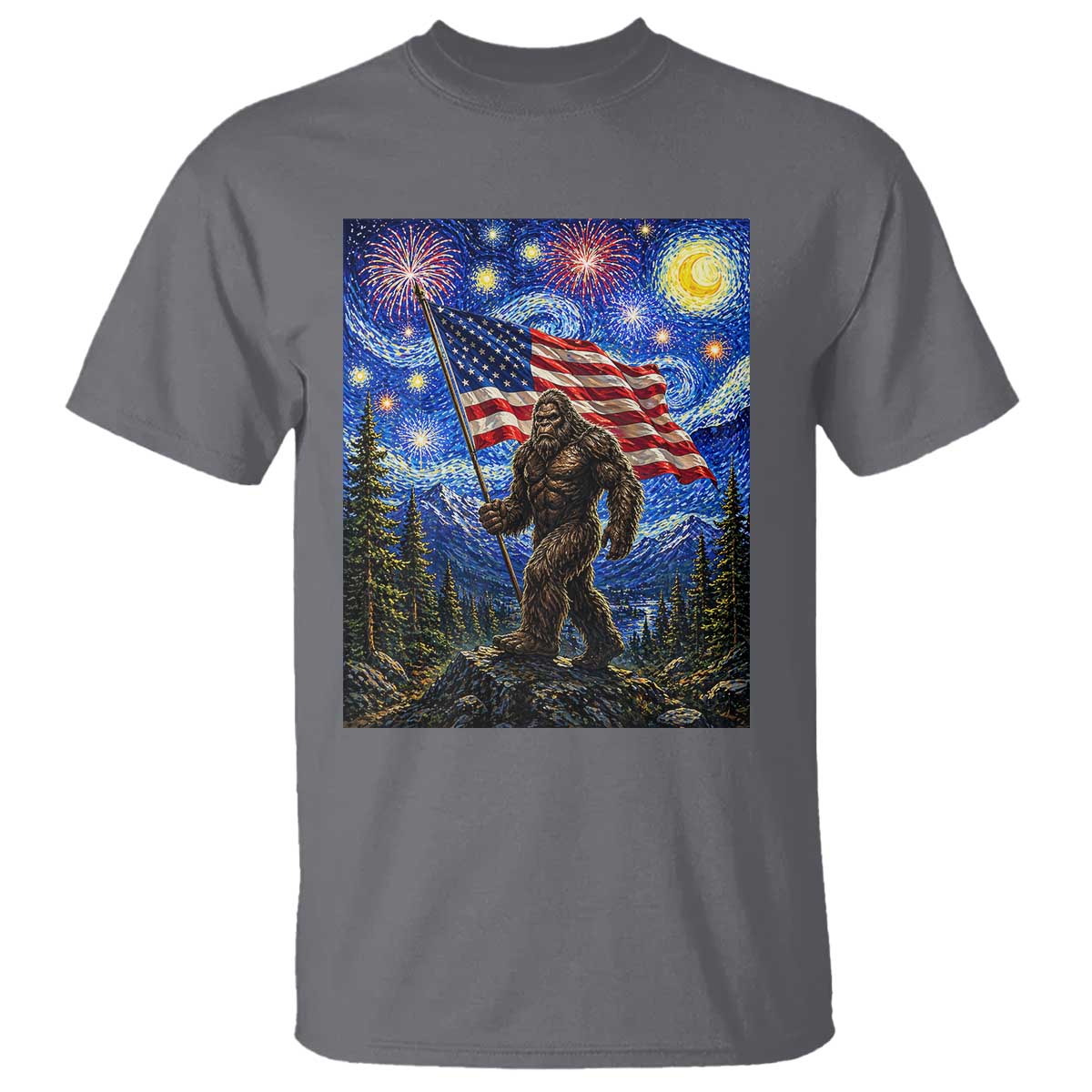 Bigfoot Patriotic 250 Years of Freedom T Shirt American USA Flag Stary Night TS14 Charcoal Print Your Wear