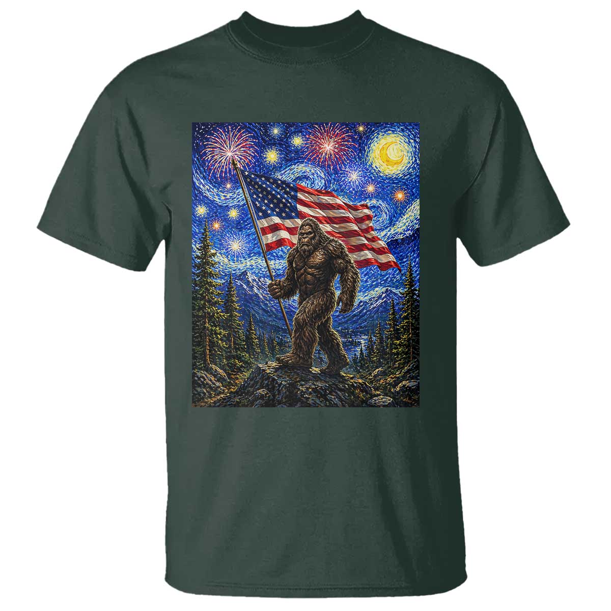 Bigfoot Patriotic 250 Years of Freedom T Shirt American USA Flag Stary Night TS14 Dark Forest Green Print Your Wear