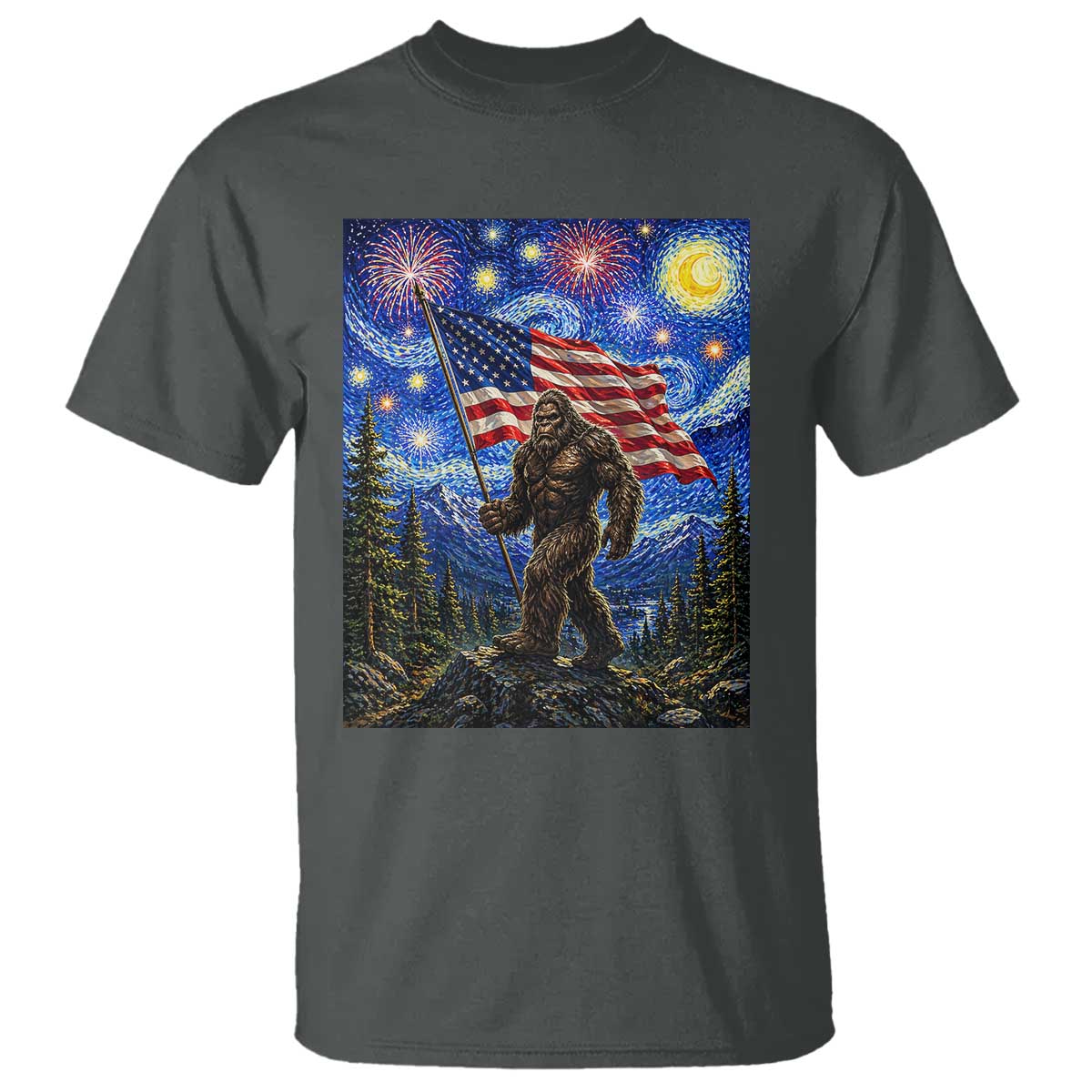Bigfoot Patriotic 250 Years of Freedom T Shirt American USA Flag Stary Night TS14 Dark Heather Print Your Wear