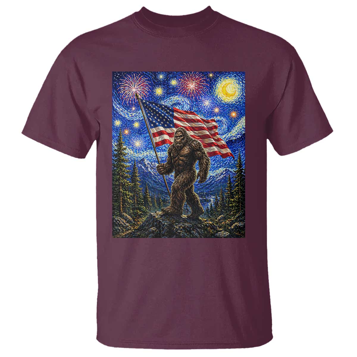 Bigfoot Patriotic 250 Years of Freedom T Shirt American USA Flag Stary Night TS14 Maroon Print Your Wear