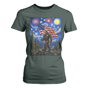 Bigfoot Patriotic 250 Years of Freedom T Shirt For Women American USA Flag Stary Night TS14 Dark Forest Green Print Your Wear