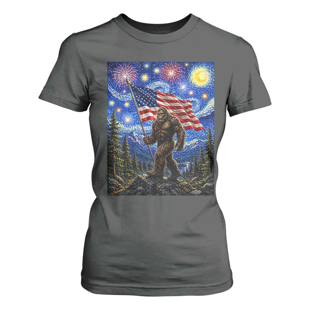 Bigfoot Patriotic 250 Years of Freedom T Shirt For Women American USA Flag Stary Night TS14 Dark Heather Print Your Wear
