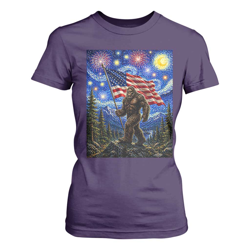 Bigfoot Patriotic 250 Years of Freedom T Shirt For Women American USA Flag Stary Night TS14 Purple Print Your Wear