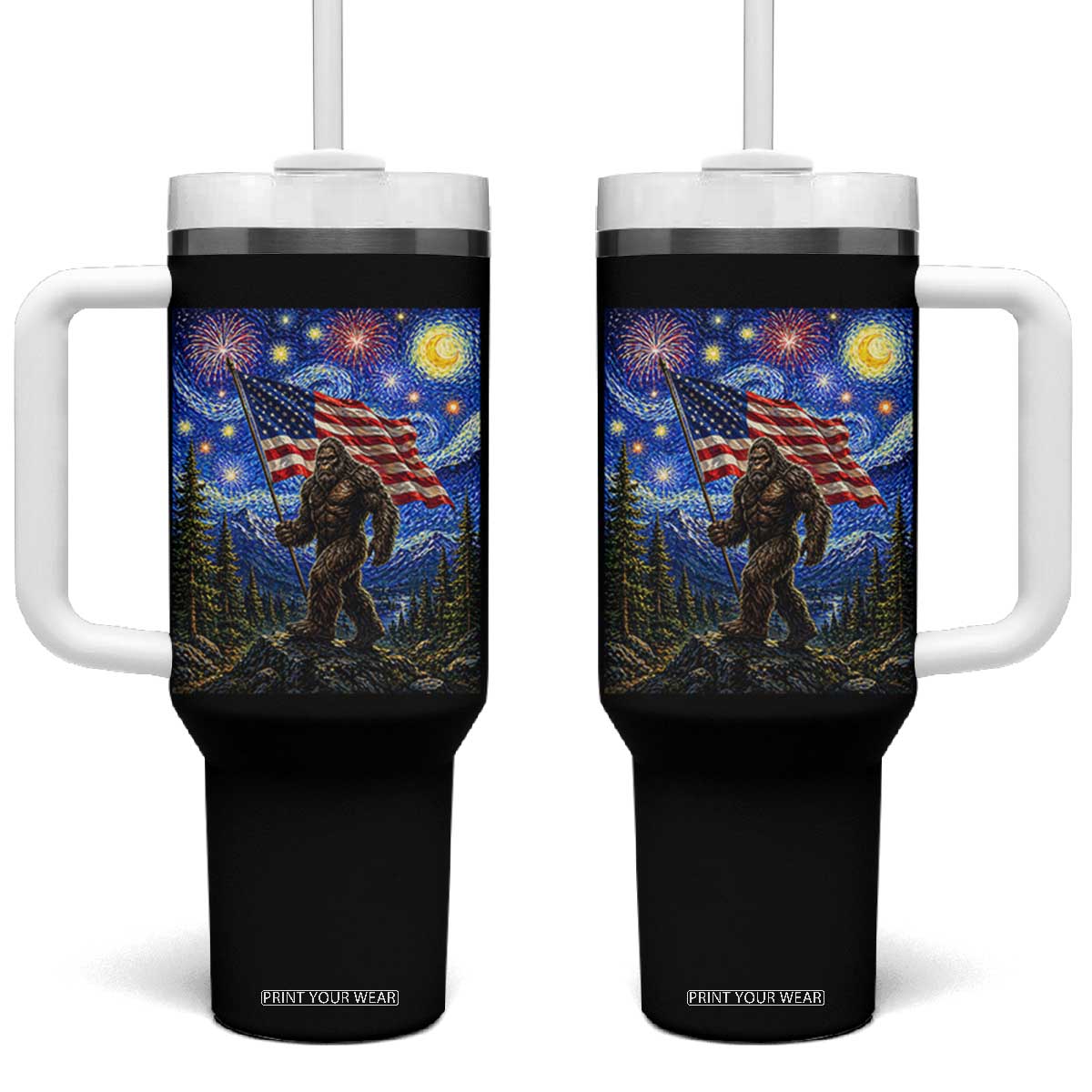 Bigfoot Patriotic 250 Years of Freedom Tumbler With Handle American USA Flag Stary Night TS14 One Size: 40 oz Black Print Your Wear