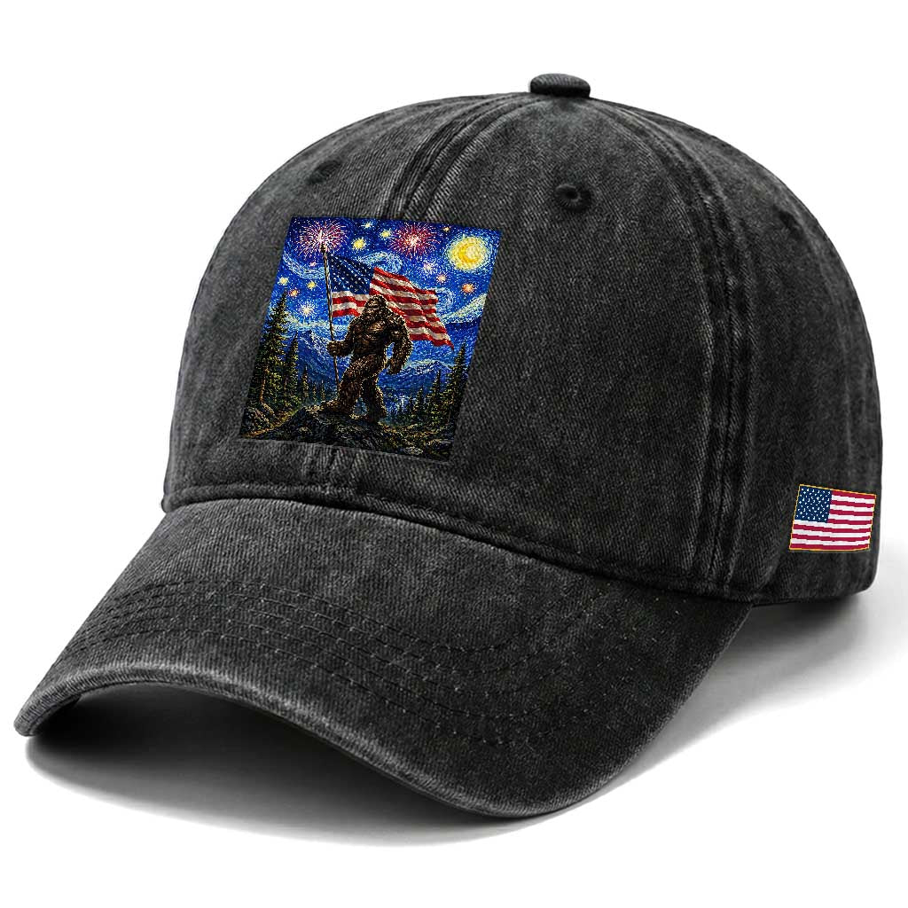 Bigfoot Patriotic 250 Years of Freedom Washed Cotton Baseball Cap American USA Flag Stary Night TS14 Print Your Wear