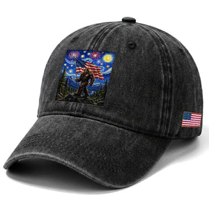 Bigfoot Patriotic 250 Years of Freedom Washed Cotton Baseball Cap American USA Flag Stary Night TS14 Print Your Wear