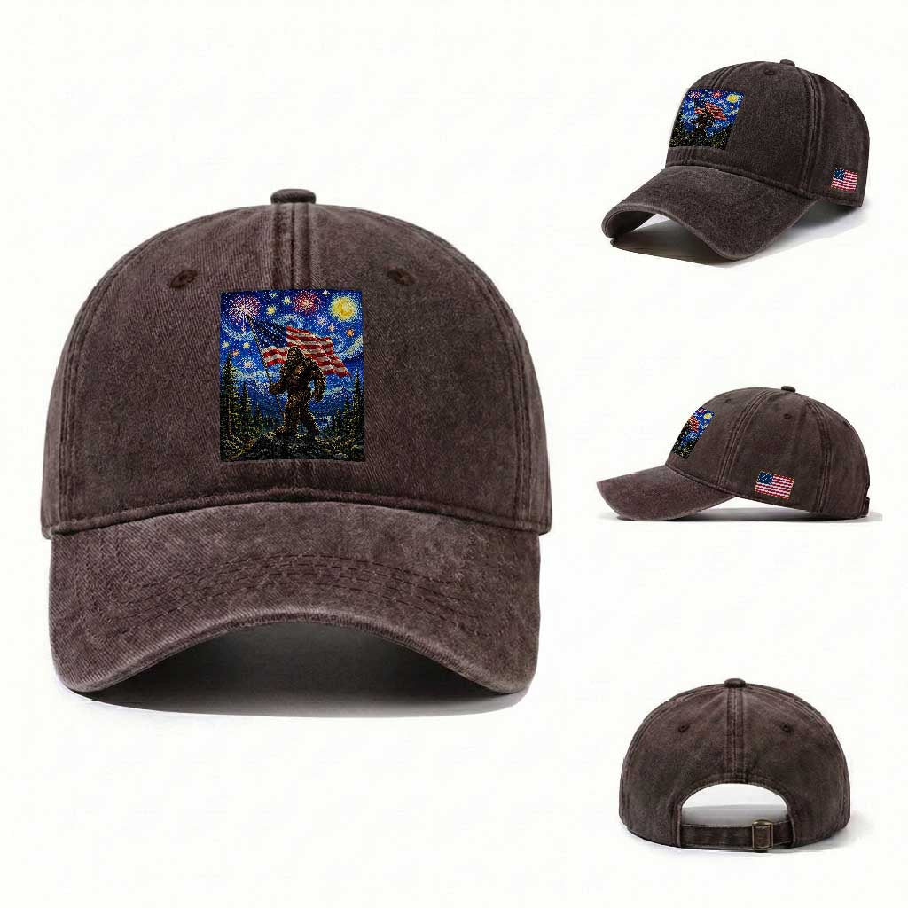 Bigfoot Patriotic 250 Years of Freedom Washed Cotton Baseball Cap American USA Flag Stary Night TS14 Washed Cap Universal Fit Dark Brown Print Your Wear