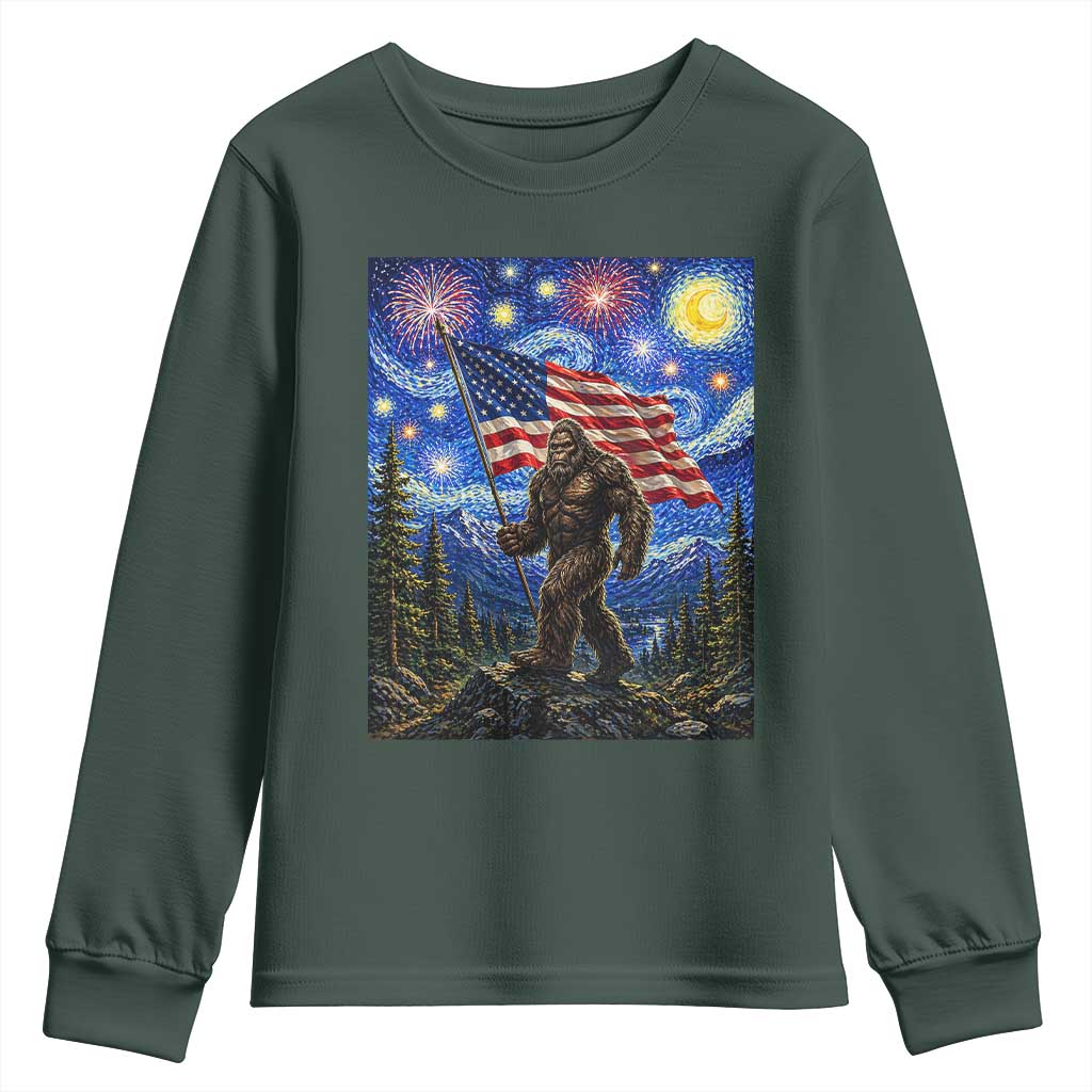 Bigfoot Patriotic 250 Years of Freedom Youth Sweatshirt American USA Flag Stary Night TS14 Dark Forest Green Print Your Wear