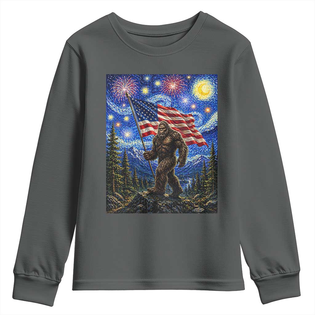 Bigfoot Patriotic 250 Years of Freedom Youth Sweatshirt American USA Flag Stary Night TS14 Dark Heather Print Your Wear