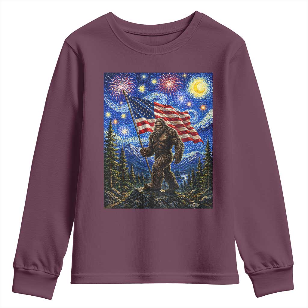 Bigfoot Patriotic 250 Years of Freedom Youth Sweatshirt American USA Flag Stary Night TS14 Maroon Print Your Wear