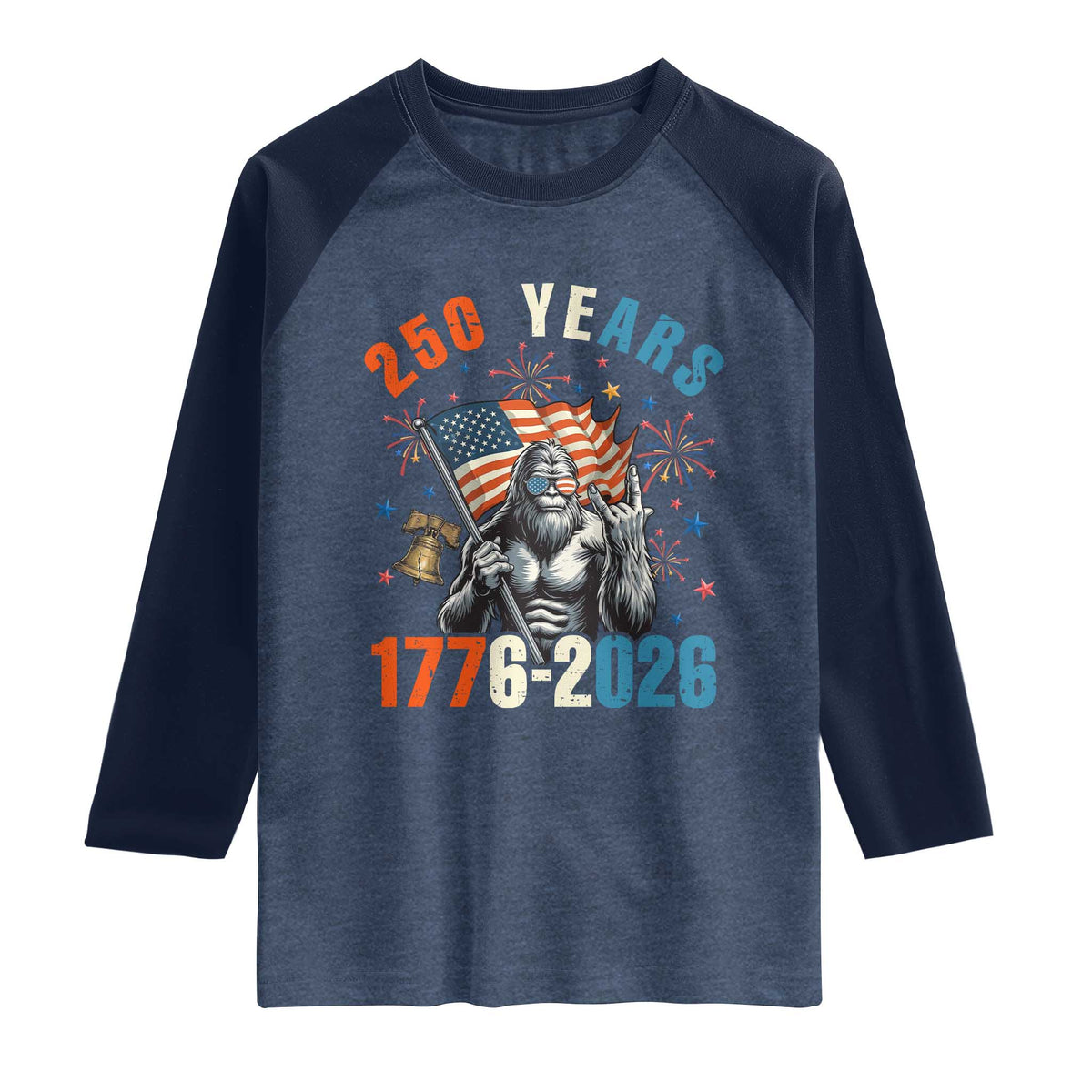 250th Anniversary USA Raglan Shirt Bigfoot American Flag Patriotic 4th of July TS14 Heather Denim Navy Print Your Wear