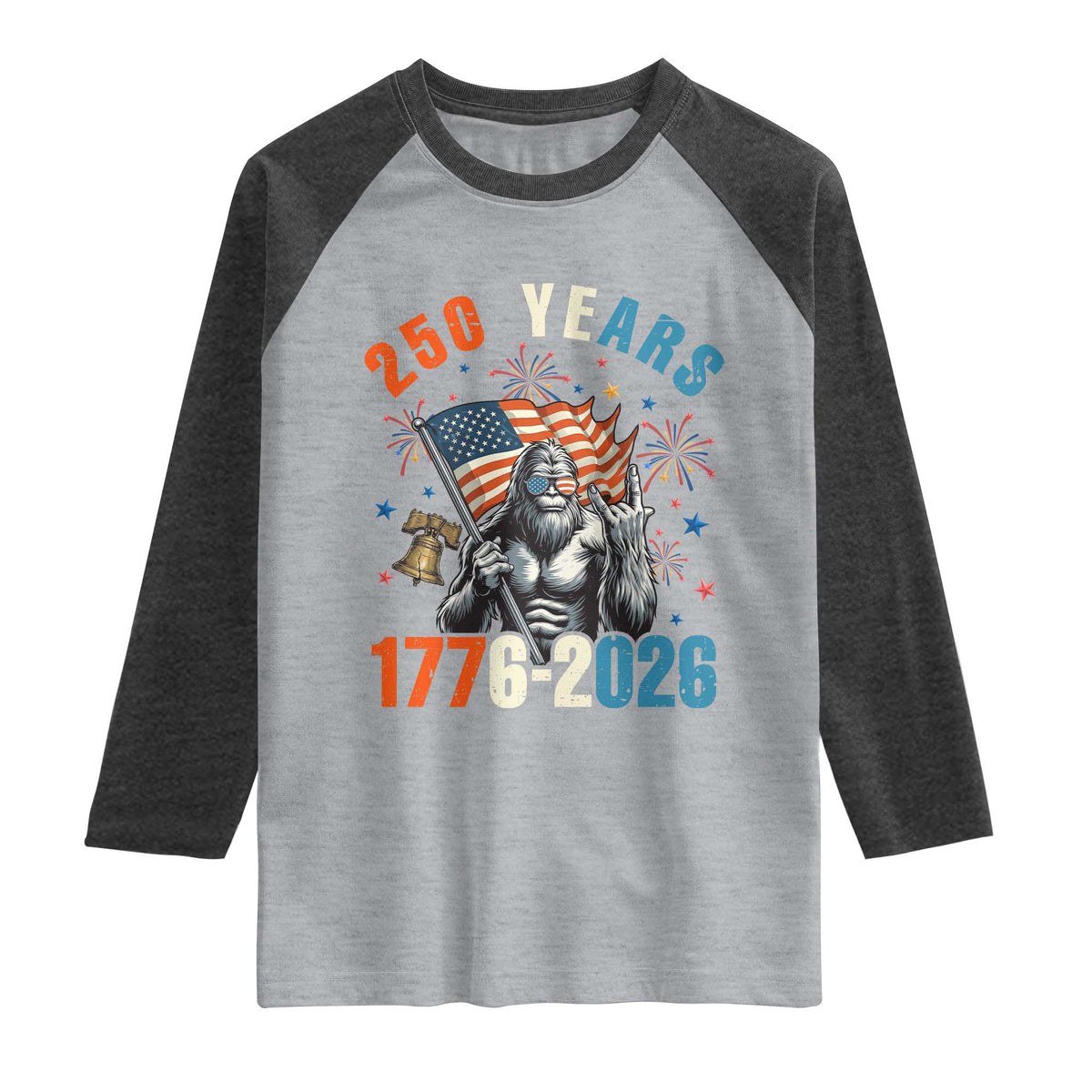 250th Anniversary USA Raglan Shirt Bigfoot American Flag Patriotic 4th of July TS14 Heather Gray Heather Charcoal Print Your Wear