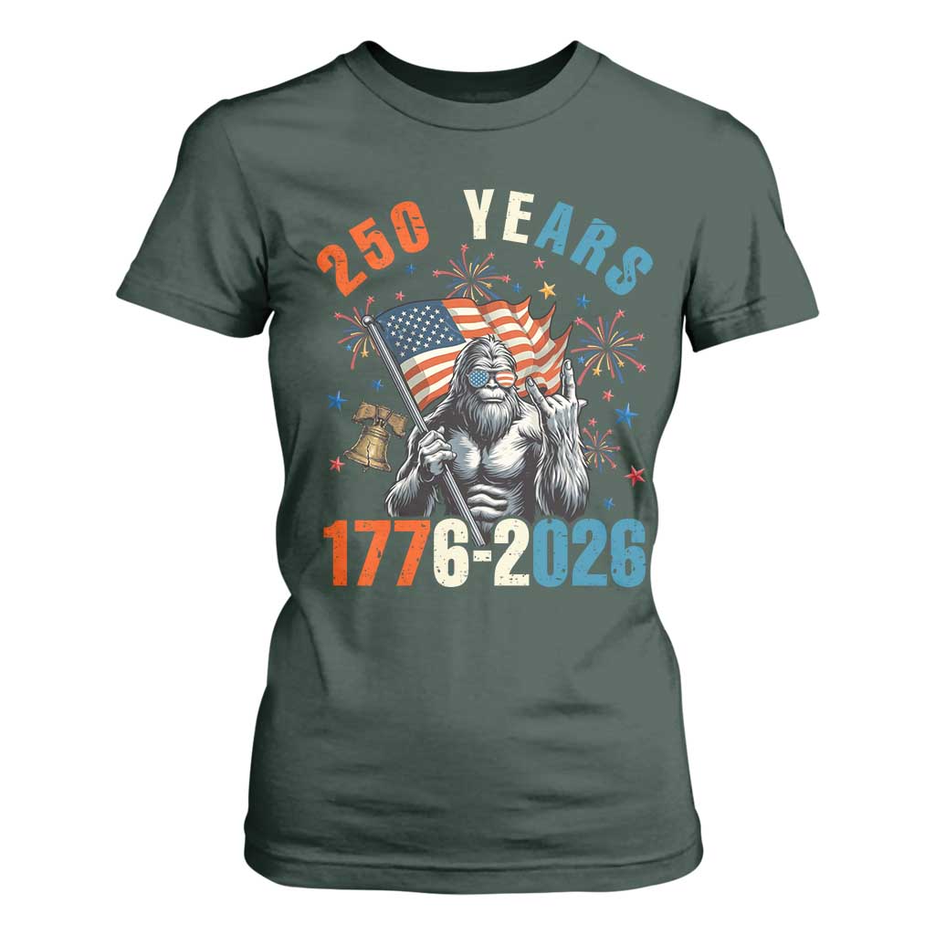 250th Anniversary USA T Shirt For Women Bigfoot American Flag Patriotic 4th of July TS14 Dark Forest Green Print Your Wear