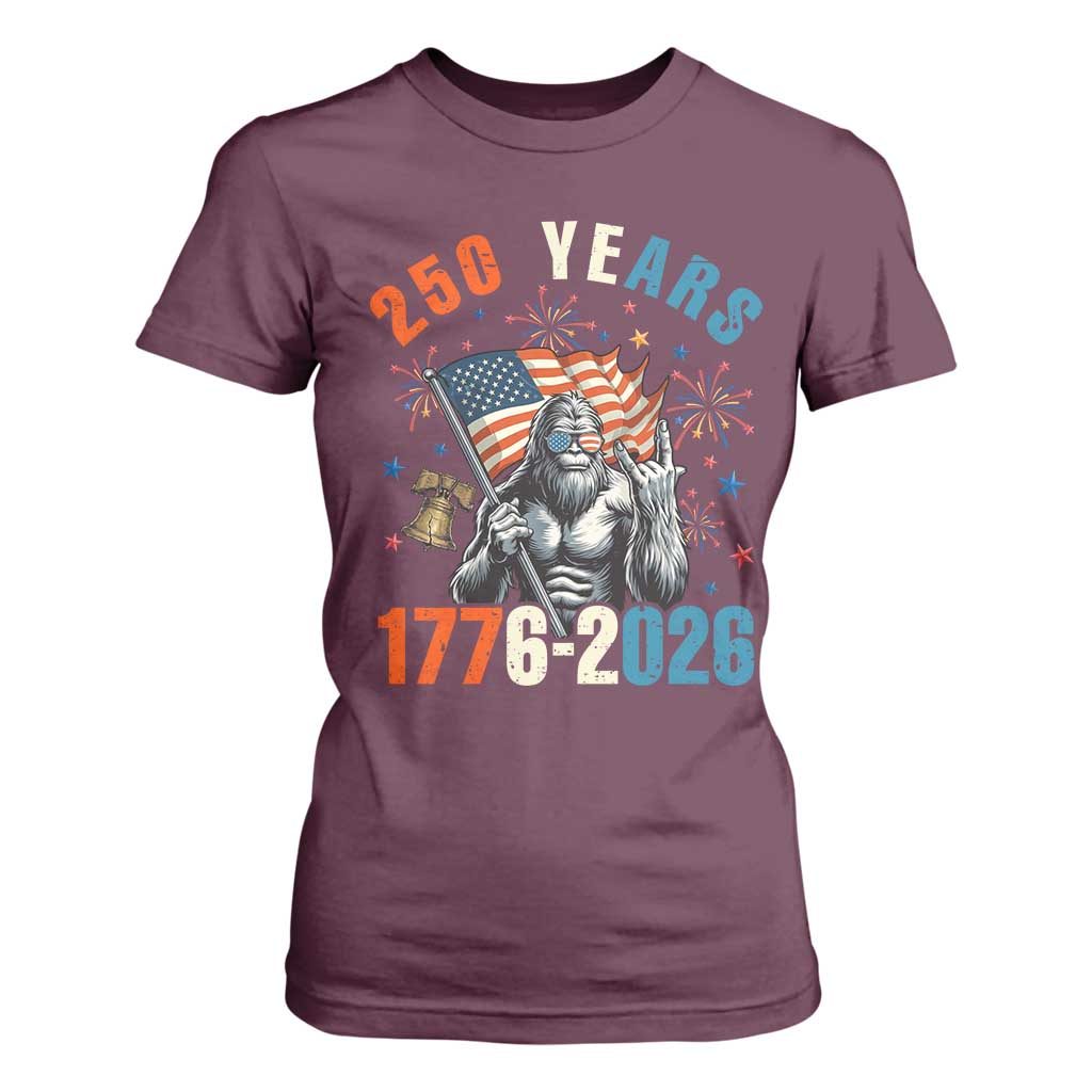 250th Anniversary USA T Shirt For Women Bigfoot American Flag Patriotic 4th of July TS14 Maroon Print Your Wear